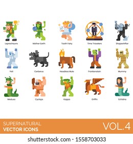 Supernatural icons including leprechaun, mother earth, tooth fairy, time traveler, shapeshifter, yeti, cerberus, headless mule, frankenstein, mummy, medusa, cyclops, kappa, griffin, echidna.