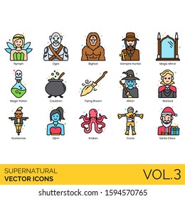 Supernatural icons including nymph, ogre, bigfoot, vampire hunter, magic mirror, potion, cauldron, flying broom, witch, warlock, scarecrow, djinn, kraken, curse, santa claus.