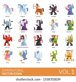 Supernatural icons including unicorn, pegasus, centaur, vampire, seer, werewolf, wizard, necromancer, angel, banshee, demon, demonic possession, devil, dwarf, elf, fairy, genie, ghost, ghoul, giant.