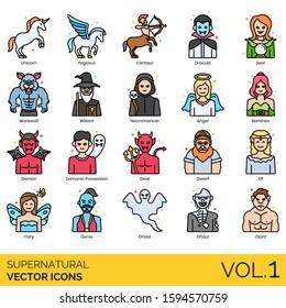 Supernatural icons including unicorn, pegasus, centaur, dracula, seer, werewolf, wizard, necromancer, angel, banshee, demon, demonic possession, devil, dwarf, elf, fairy, genie, ghost, ghoul, giant.