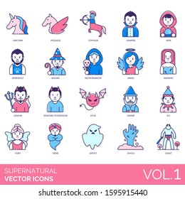 Supernatural icons including unicorn, pegasus, centaur, vampire, seer, werewolf, wizard, necromancer, angel, banshee, demon, demonic possession, devil, dwarf, elf, fairy, genie, ghost, ghoul, giant.