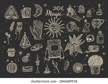 Magnífica colección de elementos mágicos. Cosas de bruja, estilo de grabado retro vintage, gráficos vectoriales