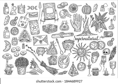 Supernatural magic collection of magical elements. Witch's things, vintage retro engraving style, vector graphics