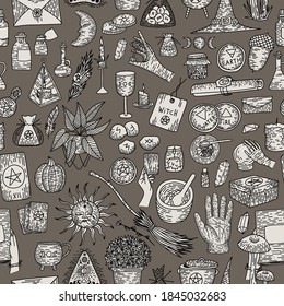 Magnífica colección de elementos mágicos. Cosas de bruja, estilo de grabado retro vintage, gráficos vectoriales