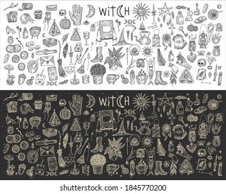 Supernatural magic collection of magical elements. Witch's things, vintage retro engraving style, vector graphics