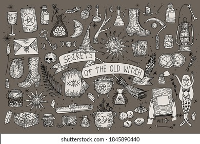 Supernatural magic collection of magical elements. Witch's things, vintage retro engraving style, vector graphics
