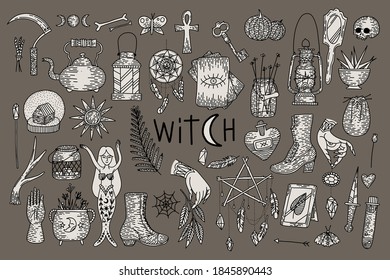 Supernatural magic collection of magical elements. Witch's things, vintage retro engraving style, vector graphics
