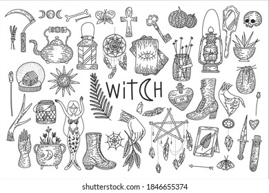 Supernatural magic collection of magical elements. Witch's things, vintage retro engraving style, vector graphics