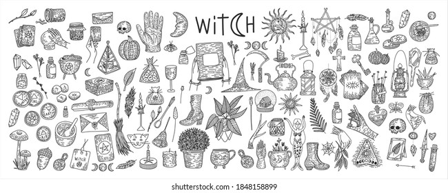 Supernatural magic collection of magical elements. Witch's things, vintage retro engraving style, vector graphics