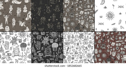 Supernatural magic collection of magical elements. Witch's things, vintage retro engraving style, vector graphics
