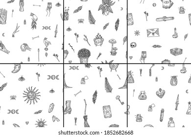 Magnífica colección de elementos mágicos. Cosas de bruja, estilo de grabado retro vintage, gráficos vectoriales