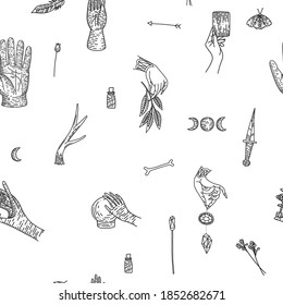 Supernatural magic collection of magical elements. Witch's things, vintage retro engraving style, vector graphics
