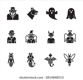 Supernatural and paranormal entity silhouette icon set with supernatural paranormal creature