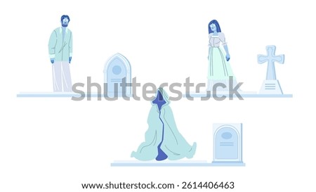 supernatural spirit cemetery ghost  vector.  apparition phantom, specter eerie, graveyard seance supernatural spirit cemetery ghost character. people flat cartoon illustration