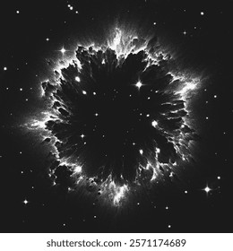 Supernova explosion with dark cosmic void in deep space surrounded by glowing light shock wave and bright distant stars. Starburst nebula in stippling style. Dotwork. Pointillism. Vector illustration