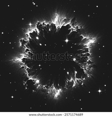 Supernova explosion with dark cosmic void in deep space surrounded by glowing light shock wave and bright distant stars. Starburst nebula in stippling style. Dotwork. Pointillism. Vector illustration