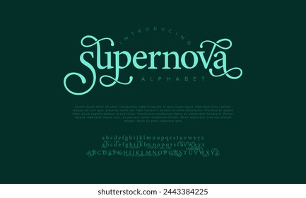 Supernova letras y números de alfabeto elegantes de lujo premium. Vintage tipografía de boda clásica serif fuente decorativa vintage retro. Ilustración vectorial creativa