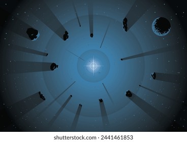 Supernova Star Explosion Vector Illustration. Planet, Asteroids, Celestial Bodies in Deep Space 