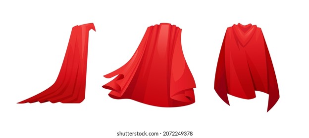 Superpower cloak waving in wind, hero accessory isolated red cartoon capes set. Vector superhero satin cloth, magic covers. Mantle costume, magic flowing and flying carnival Halloween vampire clothes