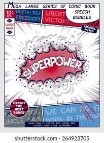 Superpower. Explosion in comic style with lettering and realistic puffs smoke. 3D vector pop art speech bubble