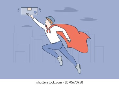 Superpower and internet technologies concept. Smiling man business person flying in superman cape with smartphone in hands vector illustration 