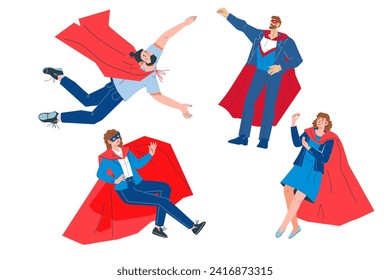 Superpowers possessed by successful business people. Business people superheroes characters, vector illustration isolated on a white background.