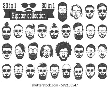 Superset of 30 hipsters bearded men with different hairstyles, mustaches, beards isolated on white background.