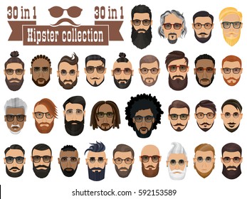 Superset of 30 hipsters bearded men with different hairstyles, mustaches, beards isolated on white background.