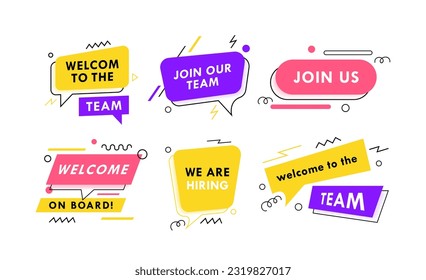 Superset colorful advertising banners with an invitation to work. Different slogan such as We are hiring, Join our team, Welcome on board. Modern vector illustration.