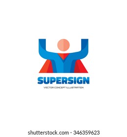 Supersign - Vector Logo Template Concept In Flat Style. People Human Character. Hero Sign. Super Icon. Flying Man. Design Element.