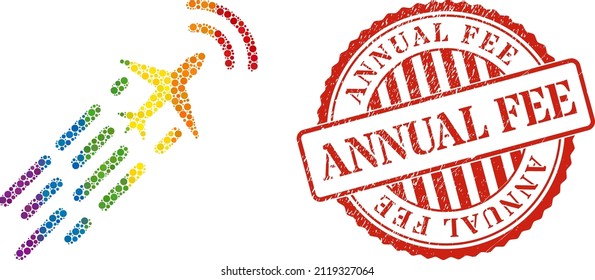 Supersonic airplane flight composition icon of round dots in different sizes and spectrum color tinges. Red round rubber seal imprint with Annual Fee caption.