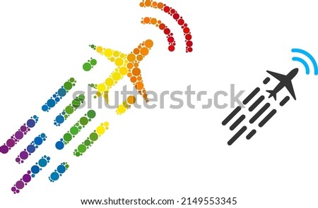 Supersonic airplane flight mosaic icon of circle elements in different sizes and spectrum bright color hues. A dotted LGBT-colored supersonic airplane flight for lesbians, gays, bisexuals,