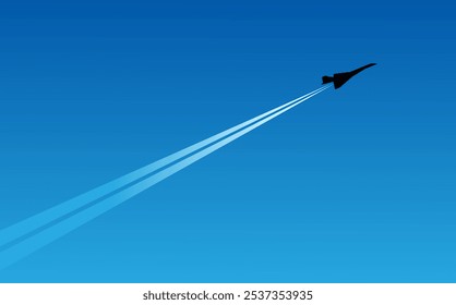 Supersonic flying plane against blue sky. Vector art illustration