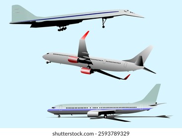 Supersonic jet, passenger plane taking off, and passenger plane standing still are featured in this aviation-themed vector image. Hand drawn Illustration