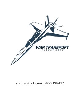 Supersonic Military Fighter Jet Vector Logo. A detailed monochrome vector illustration of a modern supersonic military fighter jet soaring upward in dynamic flight.