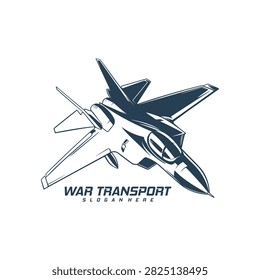 Supersonic Military Fighter Jet Vector Logo. A detailed monochrome vector illustration of a modern supersonic military fighter jet soaring upward in dynamic flight.