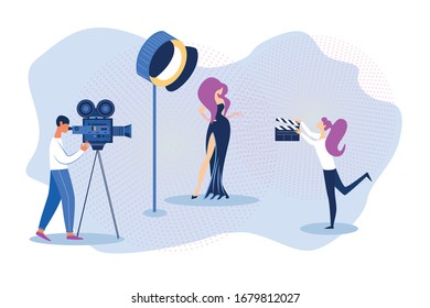 Superstar Actress Acting in Film Scene. Cameraman with Videocamera and Staff with Clapperboard Making Movie Capture with Light Technician, Television Show Production. Cartoon Flat Vector Illustration