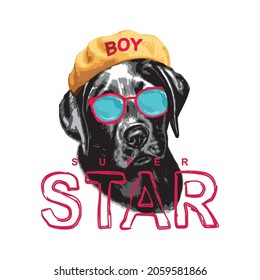 Superstar Boy With Dog Illustration Wearing Hat, Vector Typography