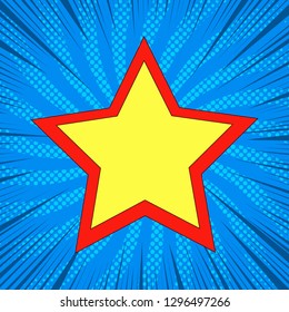 Superstar comic bright template with star shape halftone radial and rays effects on blue background. Vector illustration