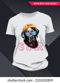 Superstar with dog illustration wearing hat, print ready t-shirt mockup design, vector illustration