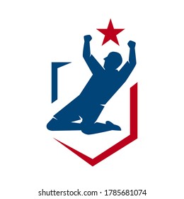 superstar player celebration image with sporty lettering typography emblem Legend Logo vector concept design template illustration
