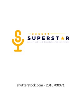 Superstar Podcast Logo With Microphone And Letter S Design For Your Podcast Or Radio Channel Vector Illustration