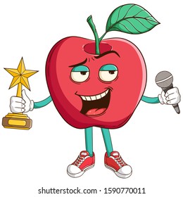 A superstar or singer of apple fruit cartoon character holding a trophy and microphone with funny smile face