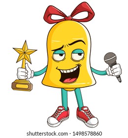 A superstar or singer of bell cartoon character holding a trophy and microphone with funny smile face