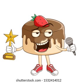 A superstar or singer of chocolate pudding cartoon character holding a trophy and microphone with funny smile face