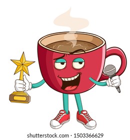 A superstar or singer of coffee cup cartoon character holding a trophy and microphone with funny smile face