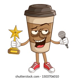 A superstar or singer of coffee paper cup cartoon character holding a trophy and microphone with funny smile face