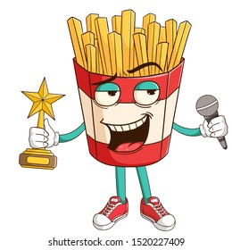 A superstar or singer of french fries cartoon character holding a trophy and microphone with funny smile face