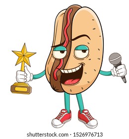 A Superstar Or Singer Of Hot Dog Cartoon Character Holding A Trophy And Microphone With Funny Smile Face