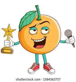 A superstar or singer of orange fruit cartoon character holding a trophy and microphone with funny smile face